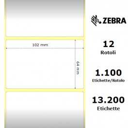 800264-255 - Etichette Zebra F.to 102x64mm Carta Termica Ad. Permanente D.i. 25mm - con Strappo facilitato - Conf. da 12 Rotoli
